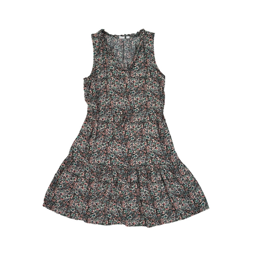 Short Floral Dress with Menudo Print Sleeveless Cropped Neck